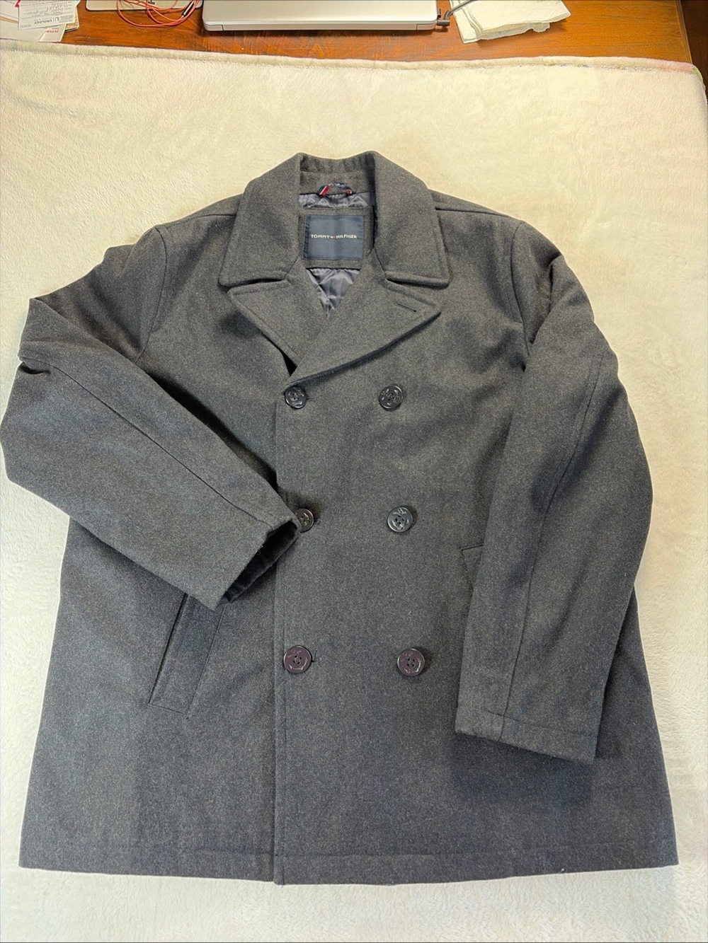 Tommy Hilfiger Mens Classic Wool Pea Coat Double Breasted anchor buttons Gray XL
